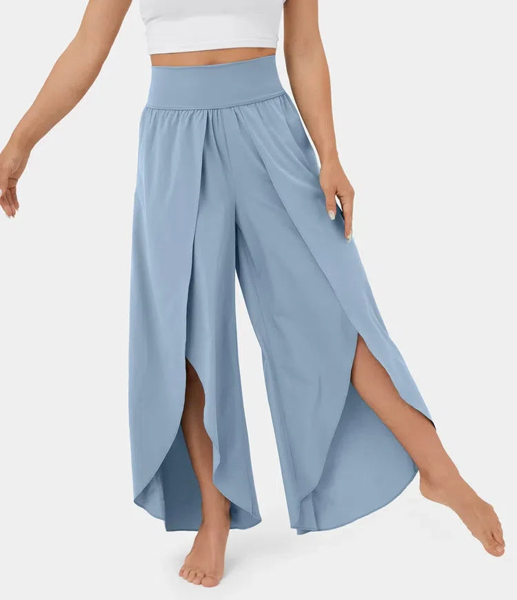 High Waist Back Pocket Flowy Slit Wide Leg Quick Dry Casual Pants