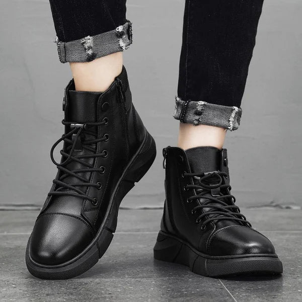 Men's Black Casual Versatile Genuine Leather Ankle Boots