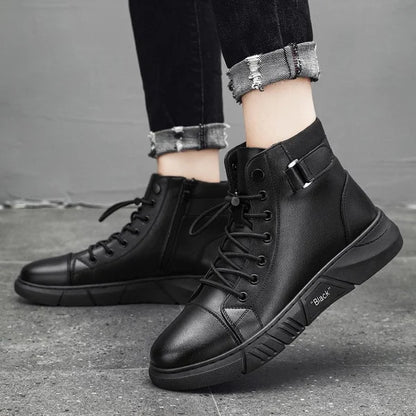 Men's Black Casual Versatile Genuine Leather Ankle Boots