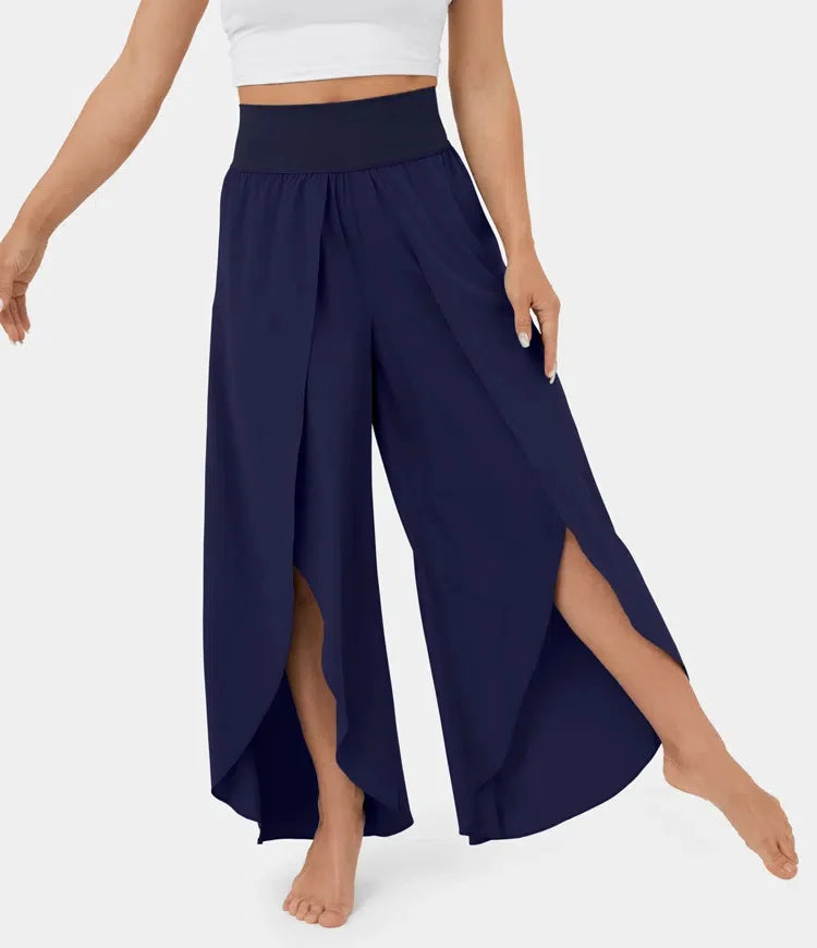 High Waist Back Pocket Flowy Slit Wide Leg Quick Dry Casual Pants