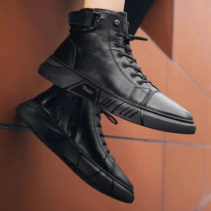 Men's Black Casual Versatile Genuine Leather Ankle Boots